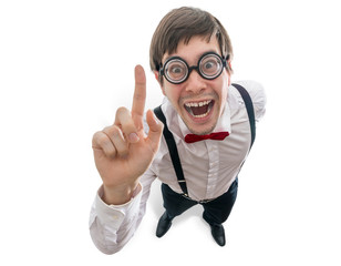 Funny man had an idea and holds finger up. Isolated on white background. View from top.