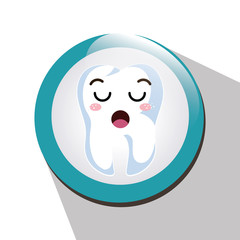 cartoon human tooth with lazy expression face over blue and white circle. vector illustration