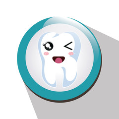 cartoon human tooth with happy expression face over blue and white circle. vector illustration