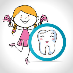 cartoon girl smiling with human tooth with happy expression face. vector illustration