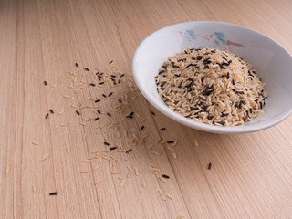 Rice gain in spoon on wood table 