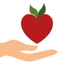 human hand holding a red apple fruit . vector illustration