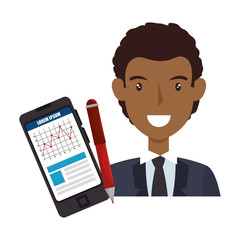 avatar man wearing suit and tie with smartphone device cartoon. vector illustration