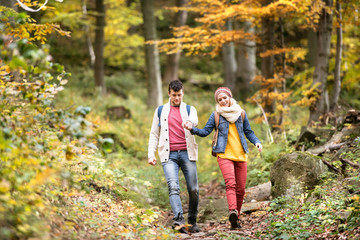 Beautiful couple on a walk in sunny autumn forest