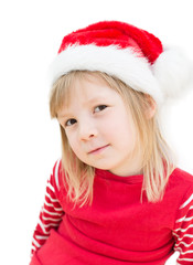 portrait of happy smiling blond girl in preschool age wearing santa claus costume, dressed as christmas elf, child looking satisfied and wicked, isolated on white background 