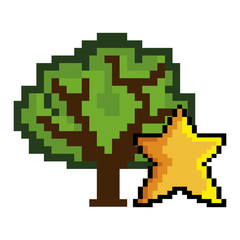 green tree and star shape pixel video game figure. vector illustration