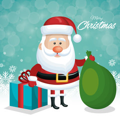 merry christmas card santa with gift and green bag design vector illustration