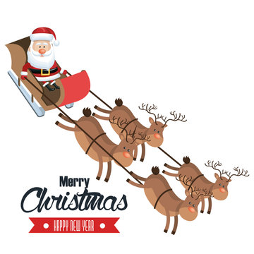 merry christmas and happy new year santa flying deer sleigh design vector illustration