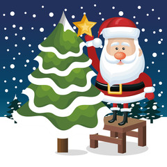 card santa claus tree star snowfall graphic vector illustration