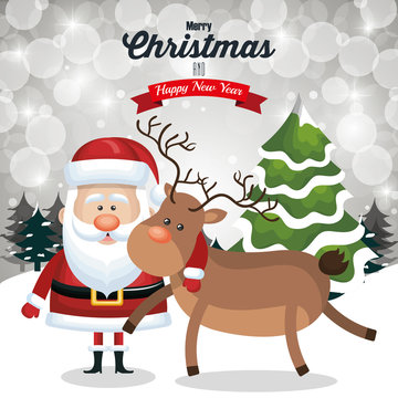christmas card santa and deer cute tree snow and landscape design vector illustraion