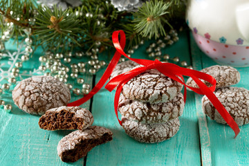 Christmas chocolate chip cookies and powdered sugar on a celebra