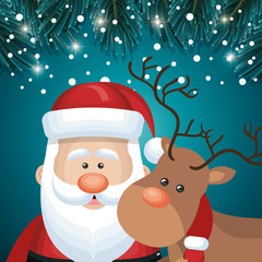 card santa and deer faces snowfall night design vector illustration