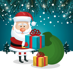santa claus gifts and green bag design with snowfall vector illustration