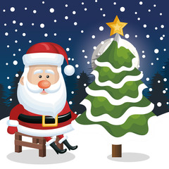 santa claus sit chair with tree snow snowfall design vector illustration