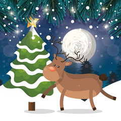 reindeer and tree snow landscape night with snow vector illustration