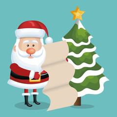 card xmas santa claus with list gift and tree snow. blue background vector illustration