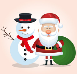 merry christmas snowman and santa claus bag gift green isolated vector illustration