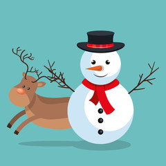 xmas snowman reindeer with blue sky bakcground vector illustration