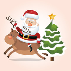 card santa claus riding reindeer and tree star snow design vector illustration
