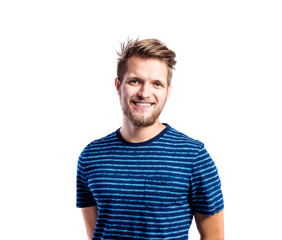 Obraz premium Hipster man in striped blue t-shirt, studio shot, isolated