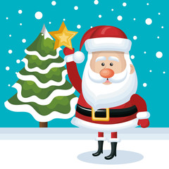 placing santa claus star tree. snowfall blue background vector illustration