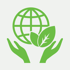 hands globe planet network eco icon simple green on white backgr