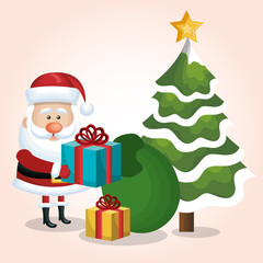 card santa claus gift and bag with tree snow star isolated vector illustration