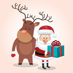 xmas card santa claus with gift and deer design graphic vector illustration