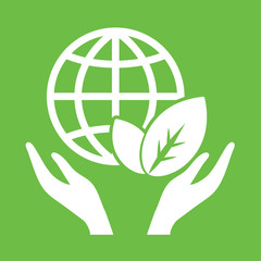 hands globe planet network eco icon simple white on green backgr