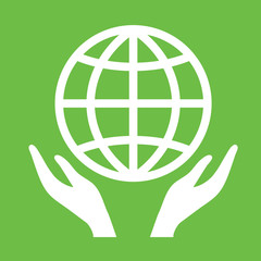 hands globe planet network eco icon simple white on green backgr