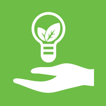 hand eco bolb bio leaf plant white simple icon on green backgrou