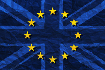 Brexit, flags of the United Kingdom and the European Union on crumpled paper background. Referendum 2016