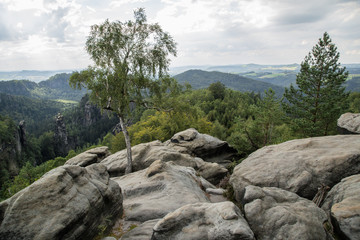Carolafelsen Landschaft, links im Hintergrund Däumling und Domnadel, Nationalpark Sächsische Schweiz