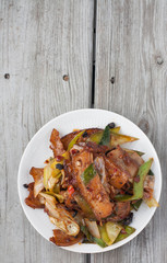 Twice cooked pork - traditional Chinese dish from Sichuan region . 
