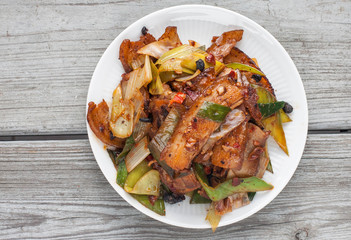 Twice cooked pork - traditional Chinese dish from Sichuan region . 
