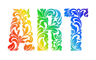 Fototapeta na wymiar Multicolor painted word ART. Decorative Font with swirls and floral elements.
