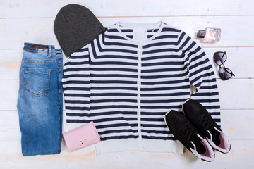 Overhead view of woman's casual outfits