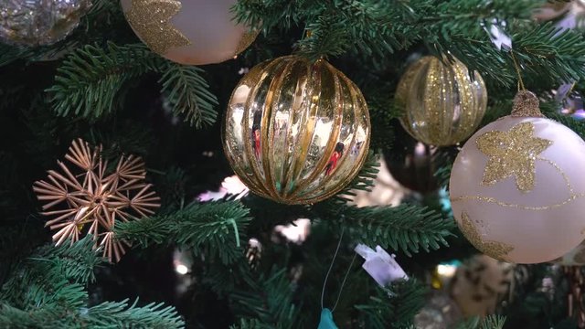 Christmas Toys Glittering on Branches of Tree