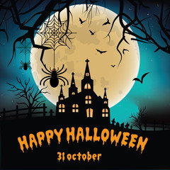 Halloween pumpkins and dark castle on blue Moon background, illu