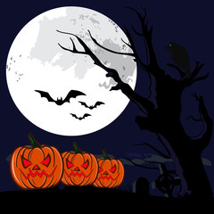 Vector Illustration of a Happy Halloween pumpkin and Full Moon