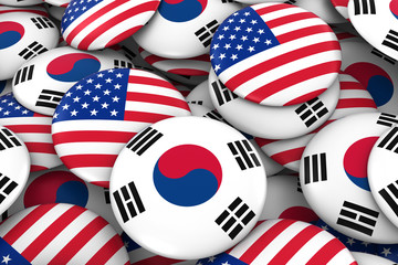 USA and South Korea Badges Background - Pile of American and South Korean Flag Buttons 3D Illustration