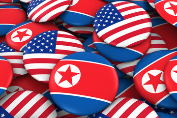 USA and North Korea Badges Background - Pile of American and North Korean Flag Buttons 3D Illustration
