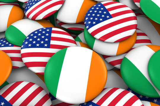 USA and Ireland Badges Background - Pile of American and Irish Flag Buttons 3D Illustration