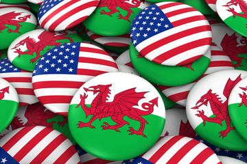 USA and Wales Badges Background - Pile of American and Welsh Flag Buttons 3D Illustration