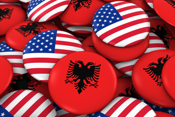 USA and Albania Badges Background - Pile of American and Albanian Flag Buttons 3D Illustration