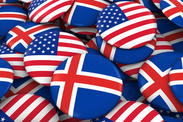 USA and Iceland Badges Background - Pile of American and Icelandic Flag Buttons 3D Illustration