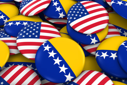 USA and Bosnia Herzegovina Badges Background - Pile of American and Bosnian Herzegovinan Flag Buttons 3D Illustration