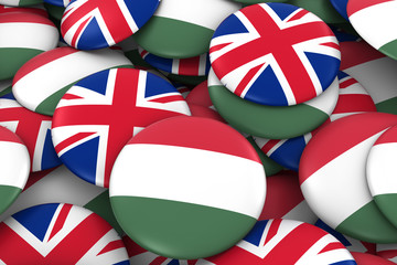 Hungary and UK Badges Background - Pile of Hungarian and British Flag Buttons 3D Illustration