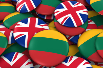 Lithuania and UK Badges Background - Pile of Lithuanian and British Flag Buttons 3D Illustration