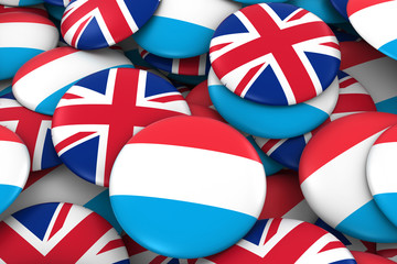 Luxembourg and UK Badges Background - Pile of Luxembourgish and British Flag Buttons 3D Illustration
